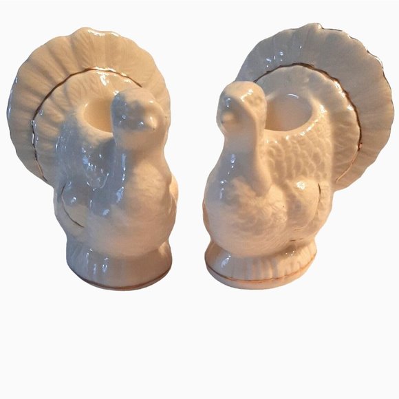 2 Porcelain Turkey Candle Holders Cream White Gold Accent Thanksgiving Vintage